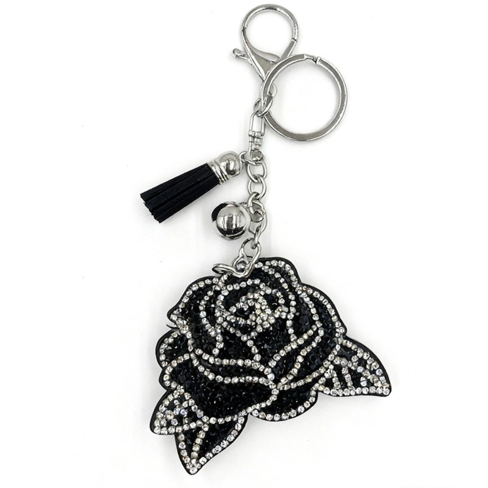 Black and silver rhinestone crystal rose flower keychain charm with black tassel and silver lobster clasp, sparkly bling rose pendant for DIY jewelry making
