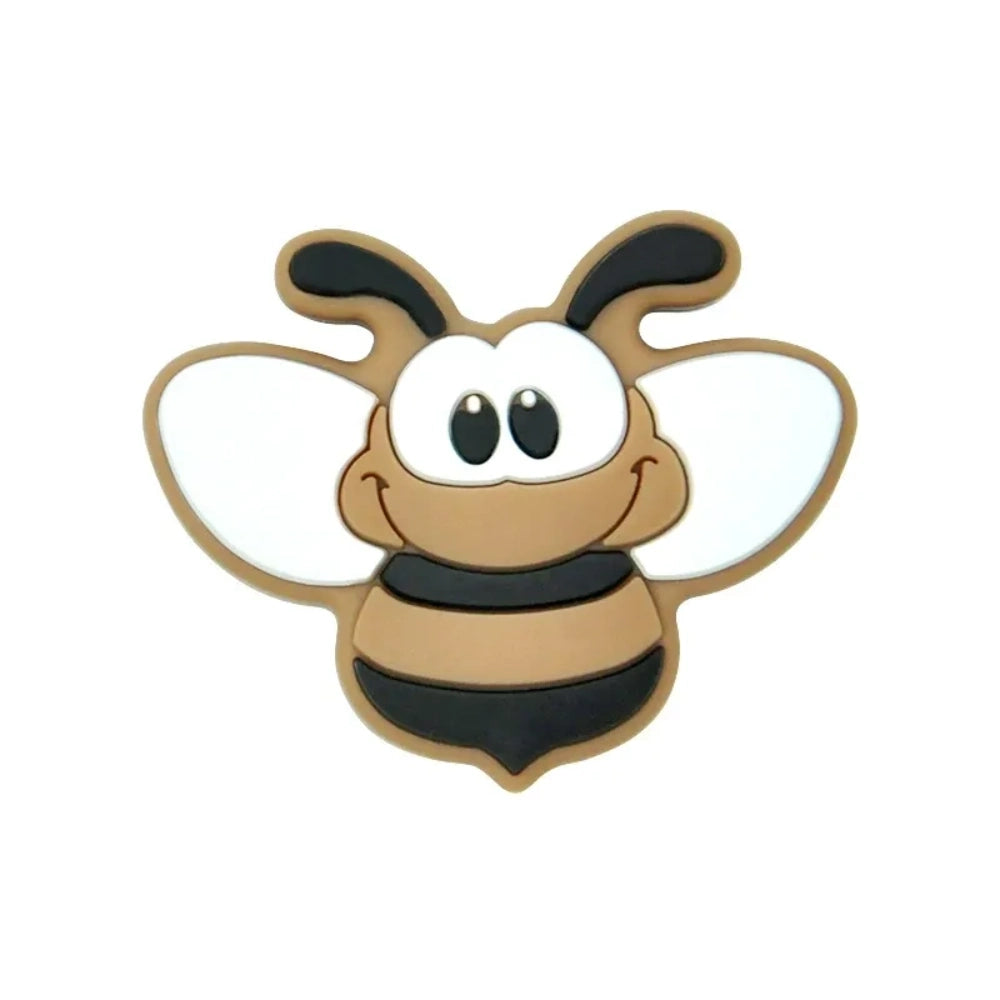 Set of 8 cartoon bumble bee silicone focal beads in assorted colors including yellow, gold, pink, blue, mint, brown, and gray on white background. - 1