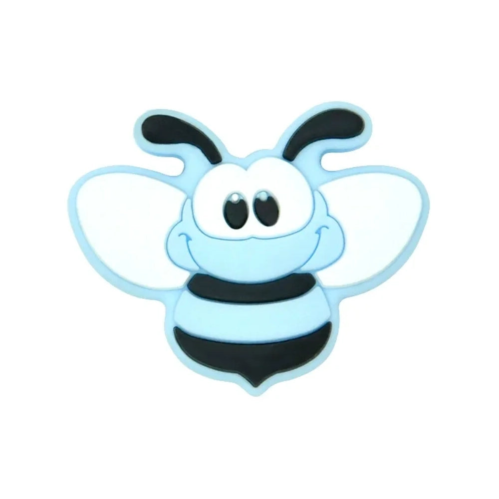 Set of 8 cartoon bumble bee silicone focal beads in assorted colors including yellow, gold, pink, blue, mint, brown, and gray on white background. - 2