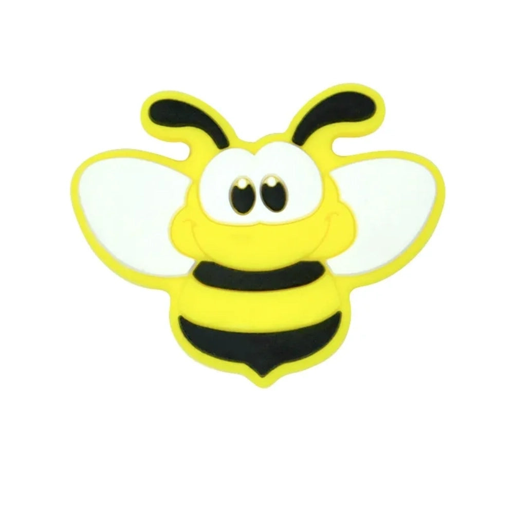 Set of 8 cartoon bumble bee silicone focal beads in assorted colors including yellow, gold, pink, blue, mint, brown, and gray on white background. - 4