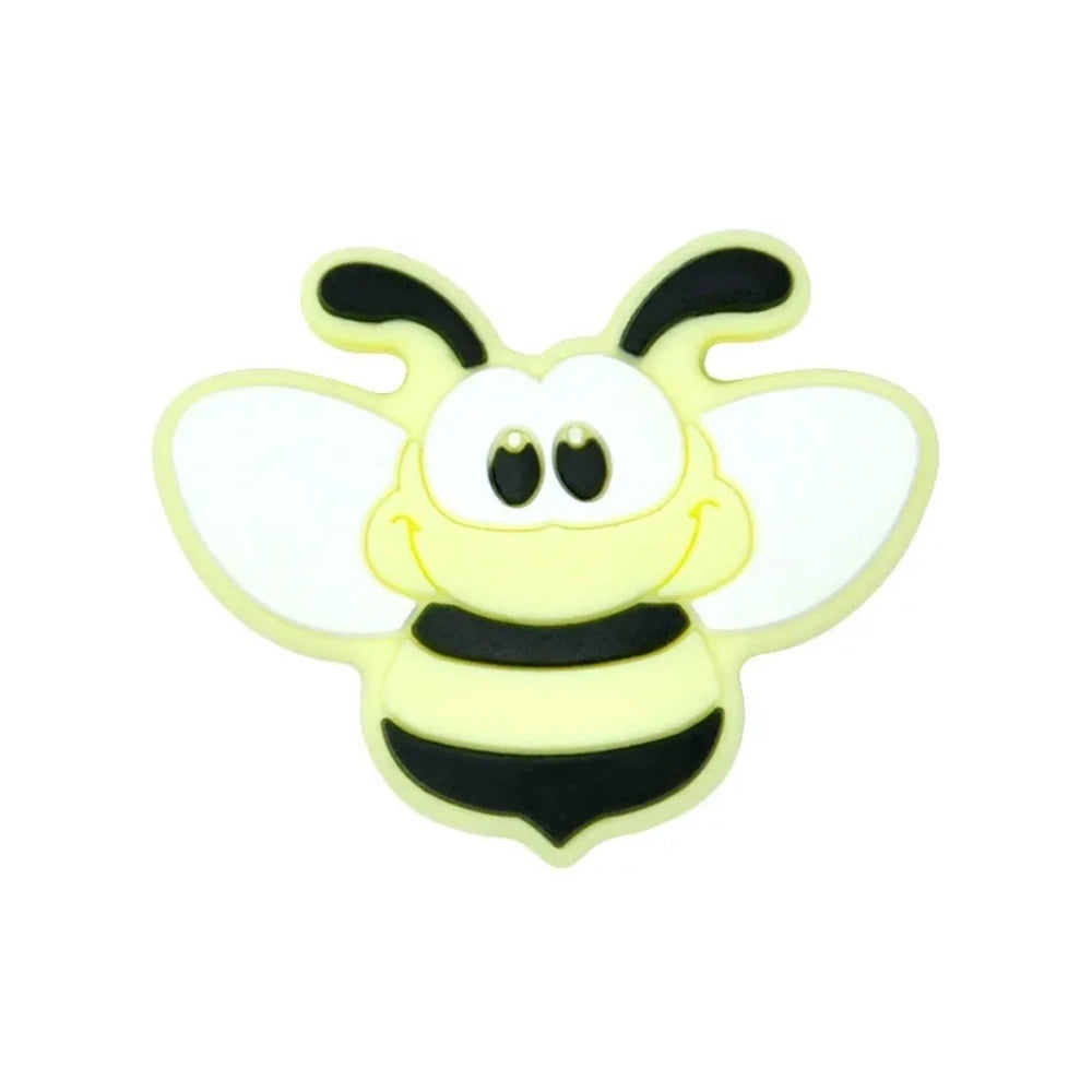 Set of 8 cartoon bumble bee silicone focal beads in assorted colors including yellow, gold, pink, blue, mint, brown, and gray on white background. - 5