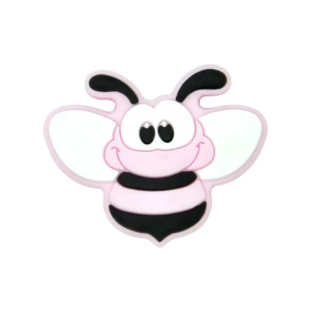 Set of 8 cartoon bumble bee silicone focal beads in assorted colors including yellow, gold, pink, blue, mint, brown, and gray on white background. - 6