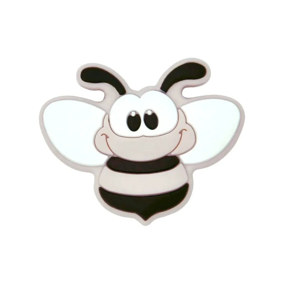 Set of 8 cartoon bumble bee silicone focal beads in assorted colors including yellow, gold, pink, blue, mint, brown, and gray on white background. - 7