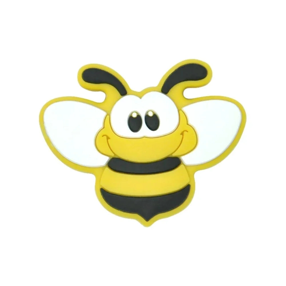 Set of 8 cartoon bumble bee silicone focal beads in assorted colors including yellow, gold, pink, blue, mint, brown, and gray on white background. - 8