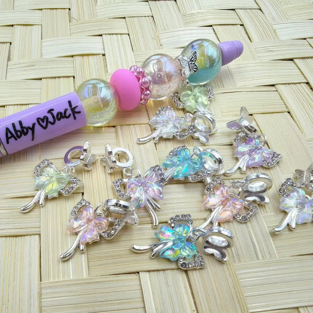 Bowtie Rhinestones Dangle Charm Pendant Butterfly Silver Metal Bail Beads - Random Mix