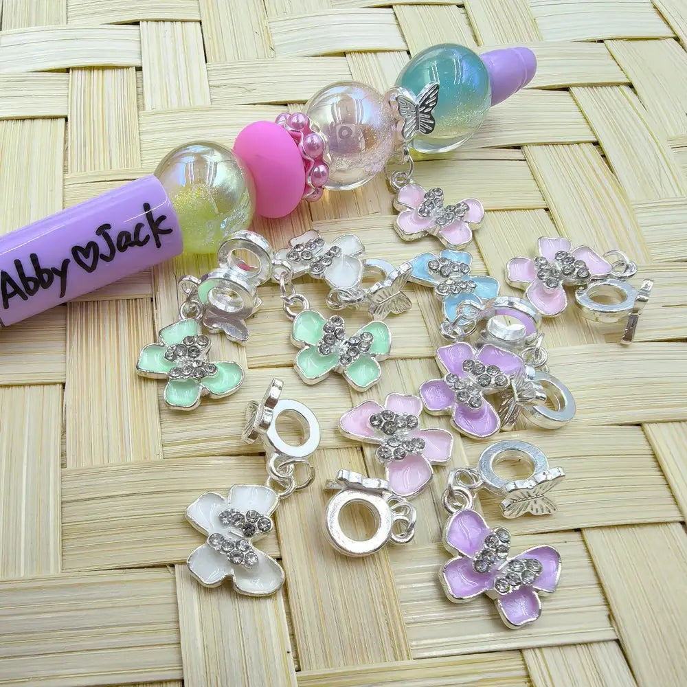 Butterfly Rhinestone Dangle Charm Pendant Butterfly Silver Metal Bail Beads - Random Mix