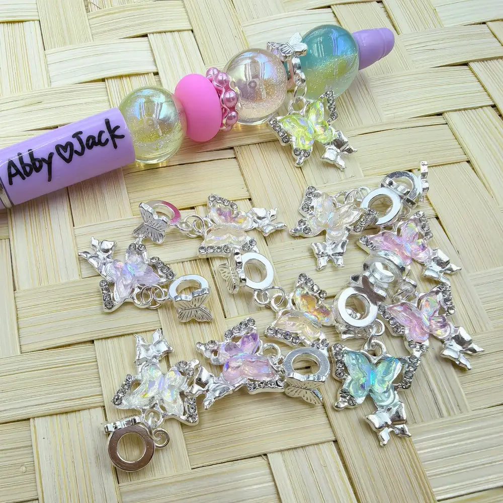 Butterfly Rhinestones Dangle Charm Pendant Butterfly Silver Metal Bail Beads - Random Mix