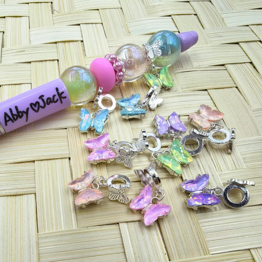 Butterfly Rhinestones Dangle Charm Pendant Butterfly Silver Metal Bail Beads - Random Mix