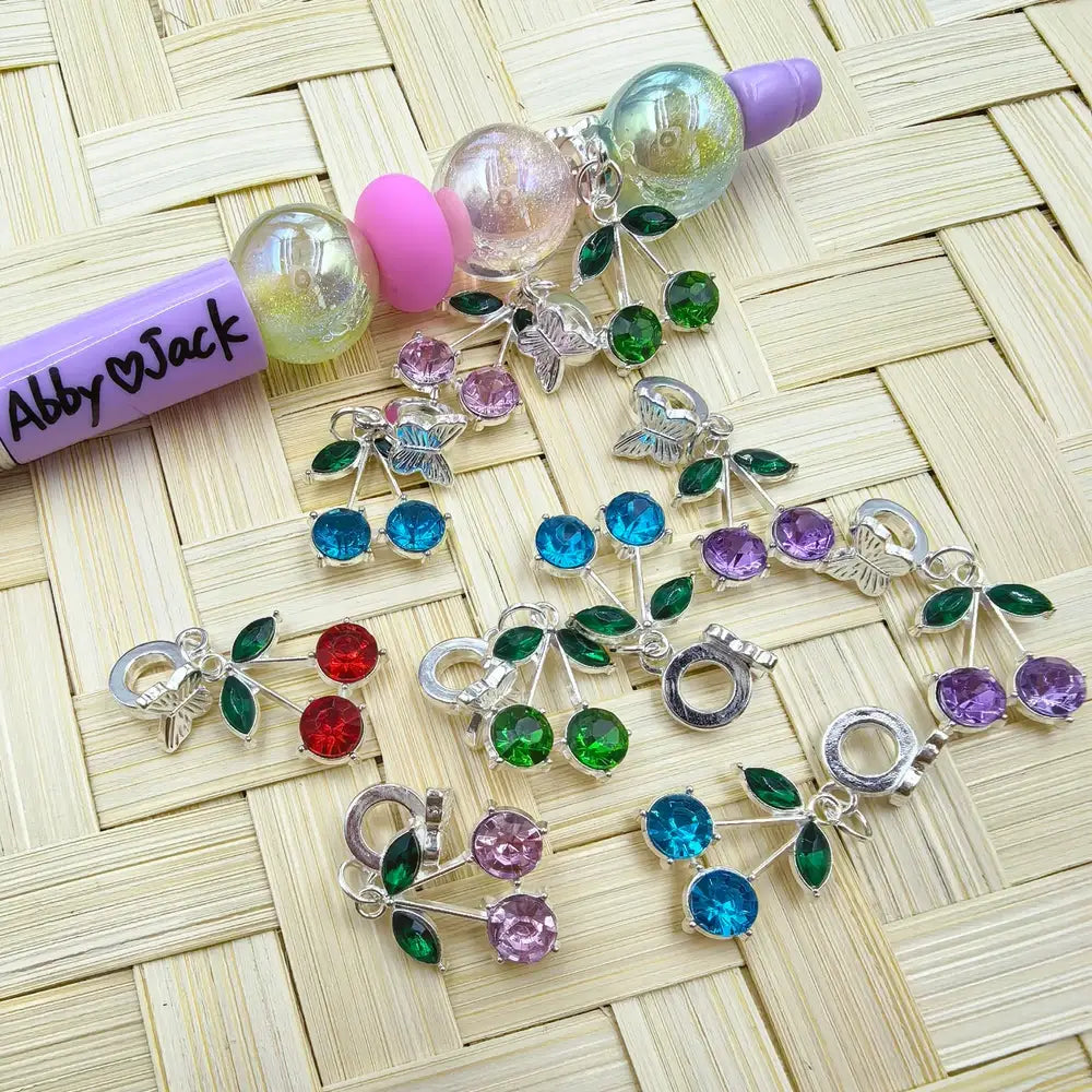 Cherry Rhinestones Dangle Charm Pendant Butterfly Silver Metal Bail Beads - Random Mix