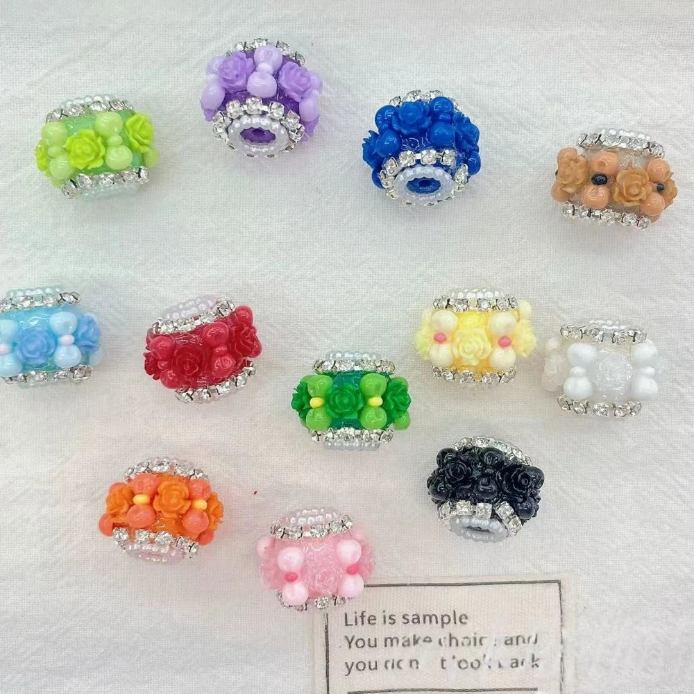 Assorted chunky 3D floral resin fancy beads with rhinestone edges in bright and pastel colors