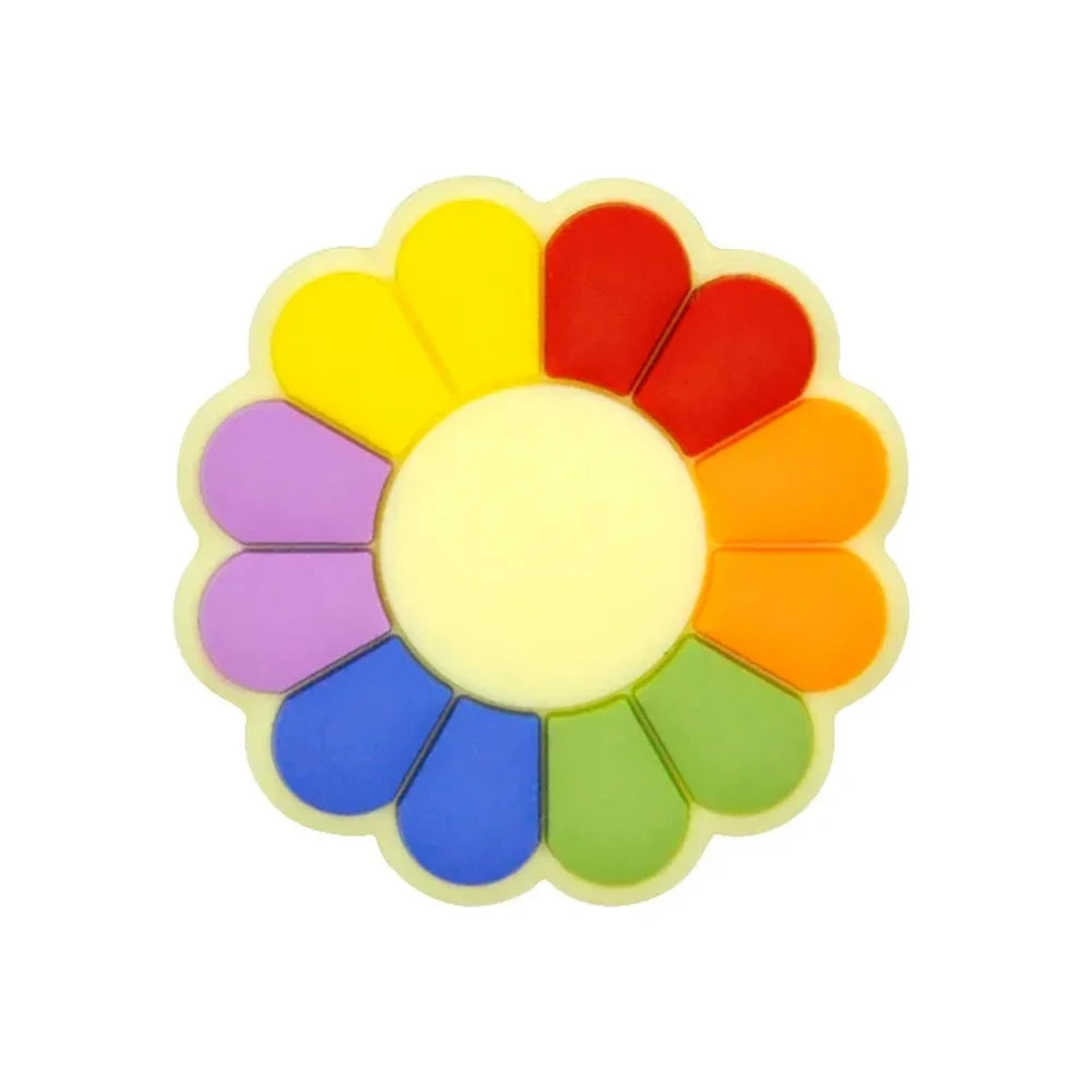 Five color wheel flower silicone focal beads arranged in a circle, each featuring a yellow center with multicolored petals in cool blues, teals, warm reds, pastels, and rainbow combinations on a light gray background. - Dark Blue