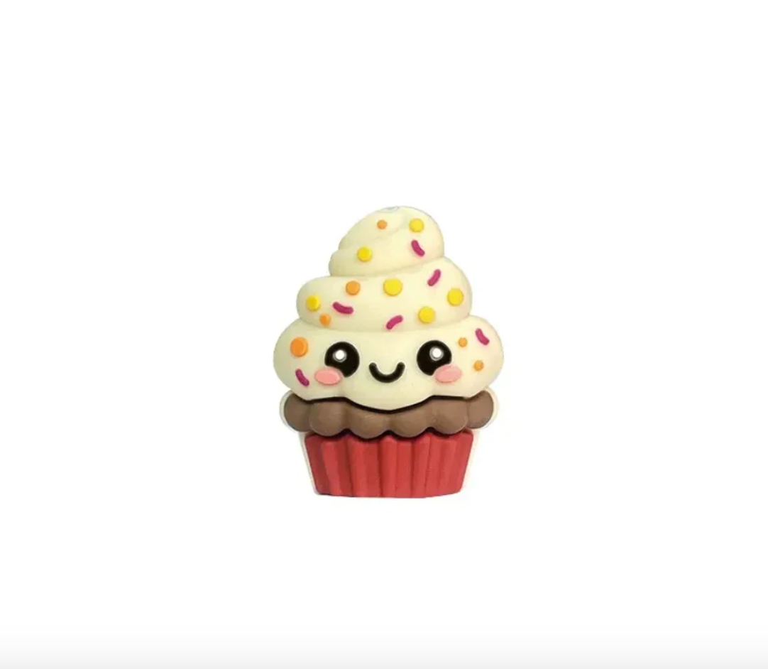 Kawaii cupcake 3D silicone focal beads with sprinkles and smiley faces displayed on colorful beadable pens against a pink background, available at DIY Mini Planet. - Purple