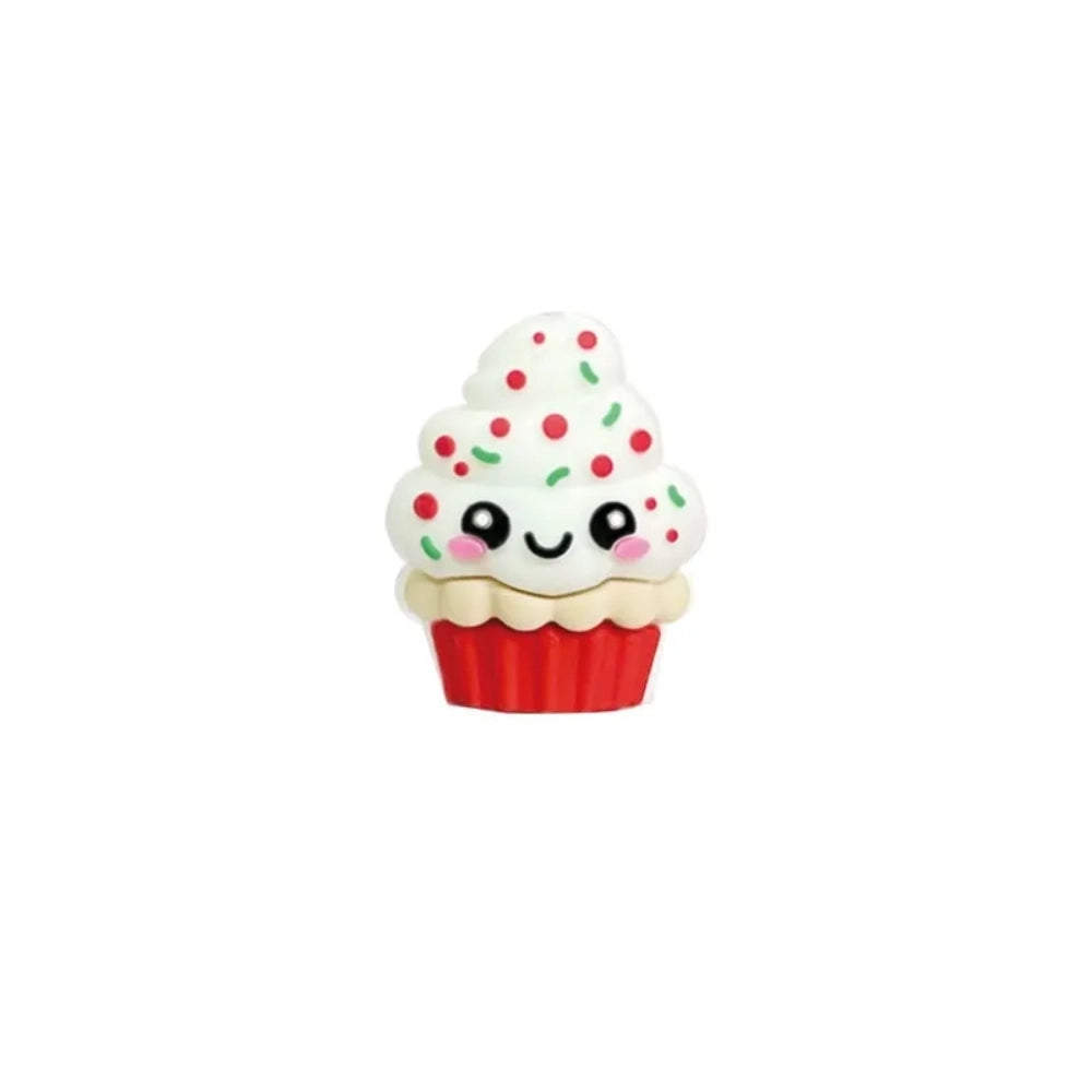 Assorted kawaii cupcake silicone focal beads with sprinkles and smiley faces shown on colorful beadable pens on a pink background, available at DIY Mini Planet. - 3
