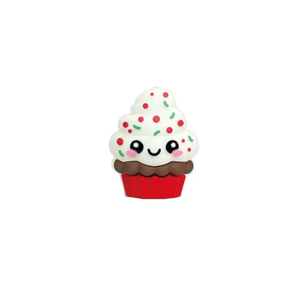Assorted kawaii cupcake silicone focal beads with sprinkles and smiley faces shown on colorful beadable pens on a pink background, available at DIY Mini Planet. - 4