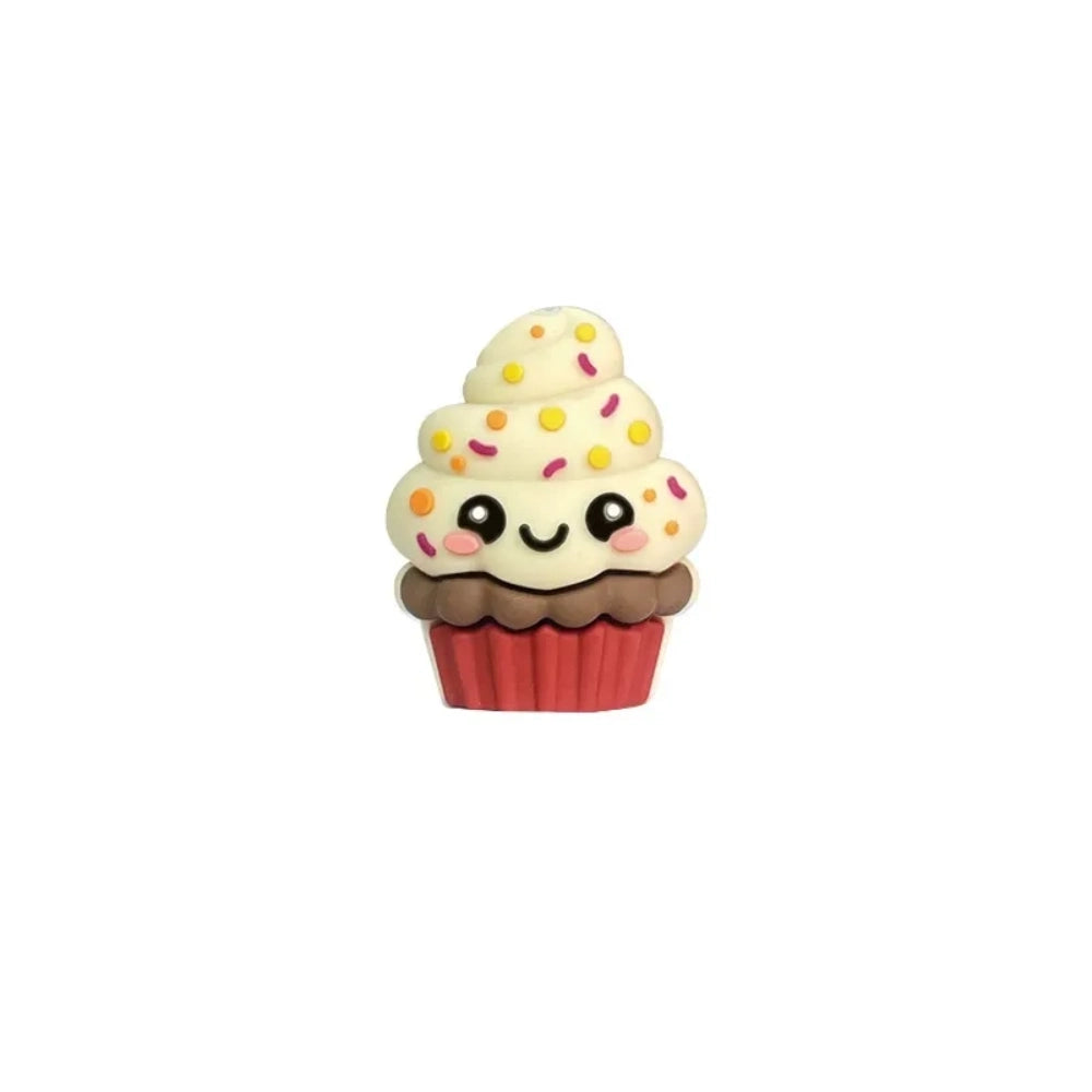 Assorted kawaii cupcake silicone focal beads with sprinkles and smiley faces shown on colorful beadable pens on a pink background, available at DIY Mini Planet. - 5