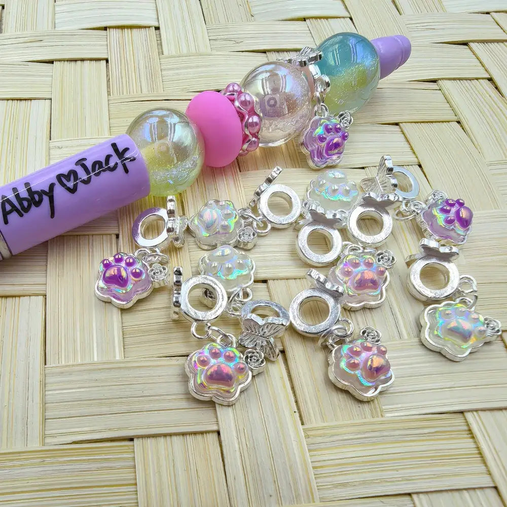 Dog Paw with Rose Dangle Charm Pendant Butterfly Silver Metal Bail Beads - Random Mix