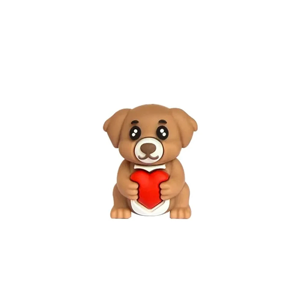 Four colorful dog holding heart 3D silicone focal beads in yellow, brown, cream, and dark brown shown on keychains with wood beads on a wooden surface. - Camel