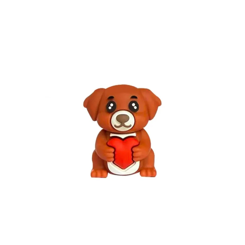 Four colorful dog holding heart 3D silicone focal beads in yellow, brown, cream, and dark brown shown on keychains with wood beads on a wooden surface. - Orange