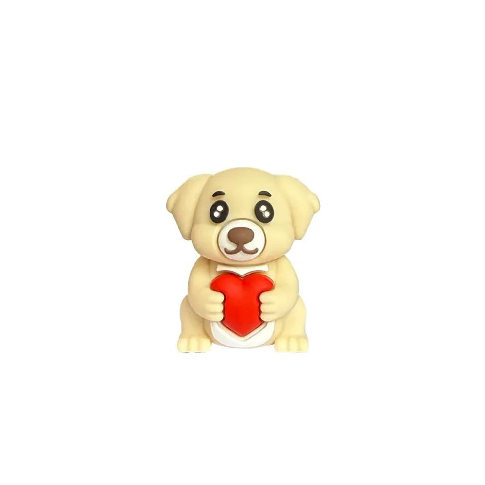 Four colorful dog holding heart 3D silicone focal beads in yellow, brown, cream, and dark brown shown on keychains with wood beads on a wooden surface. - White