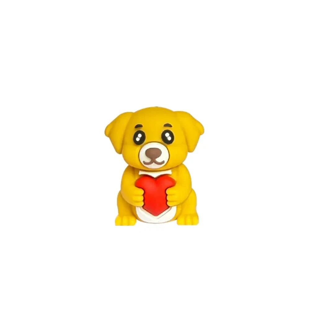 Four colorful dog holding heart 3D silicone focal beads in yellow, brown, cream, and dark brown shown on keychains with wood beads on a wooden surface. - Yellow