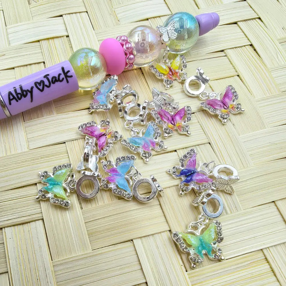 Double‑Color Butterfly Rhinestones Dangle Charm Pendant Butterfly Silver Metal Bail Beads - Random Mix