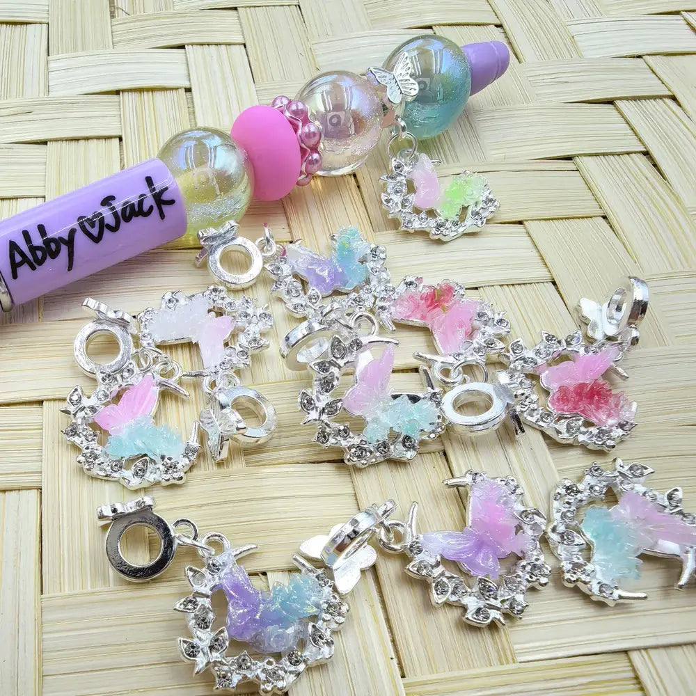 Double‑Color Butterfly Rhinestones Dangle Charm Pendant Butterfly Silver Metal Bail Beads - Random Mix