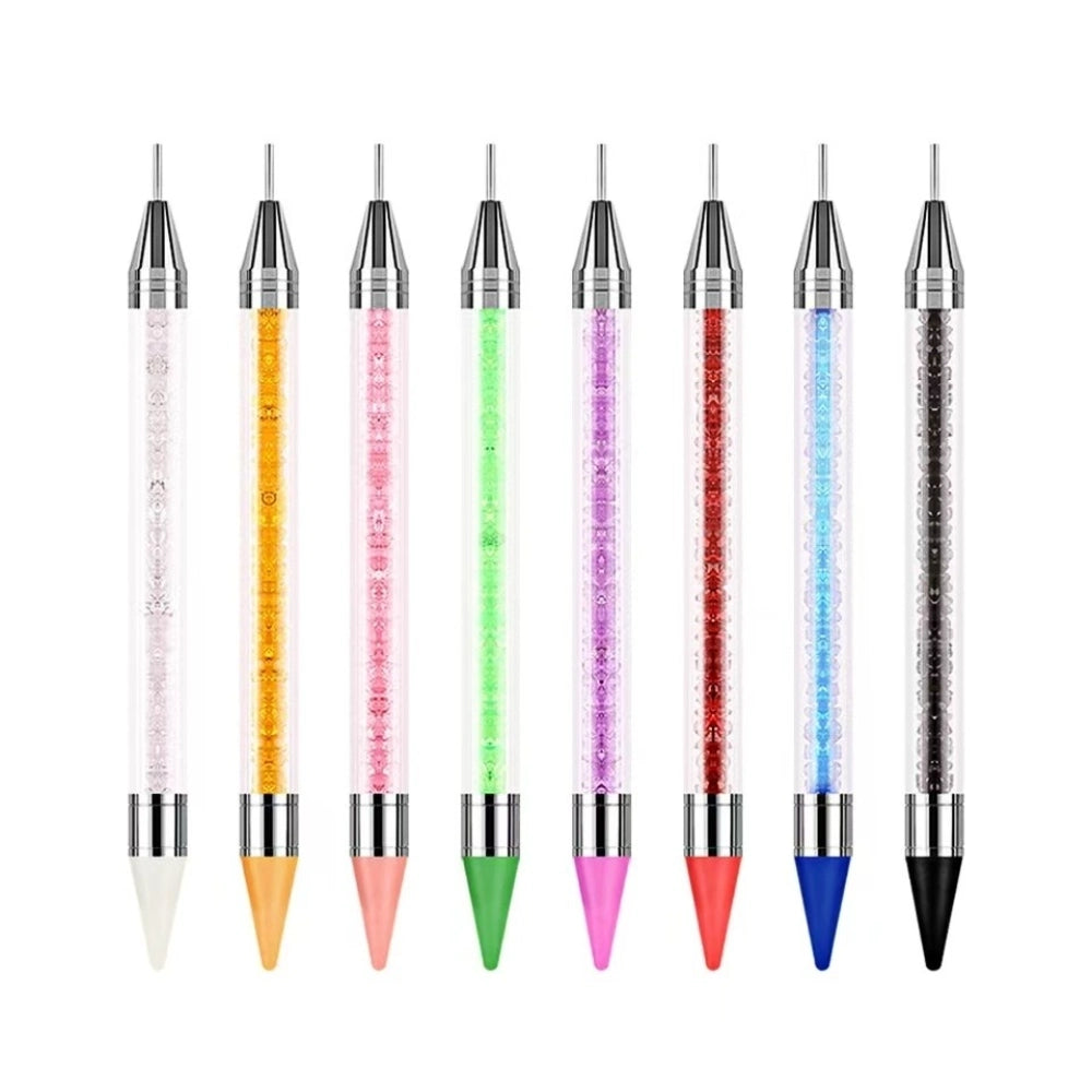 Set of 8 dual-ended rhinestone dotting pens with colorful glitter crystal barrels and wax tips in white, orange, pink, green, purple, red, blue, and black for nail art and DIY crafts.