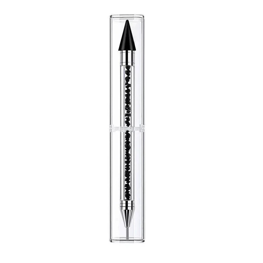 Set of 8 dual-ended rhinestone dotting pens with colorful glitter crystal barrels and wax tips in white, orange, pink, green, purple, red, blue, and black for nail art and DIY crafts. - Black