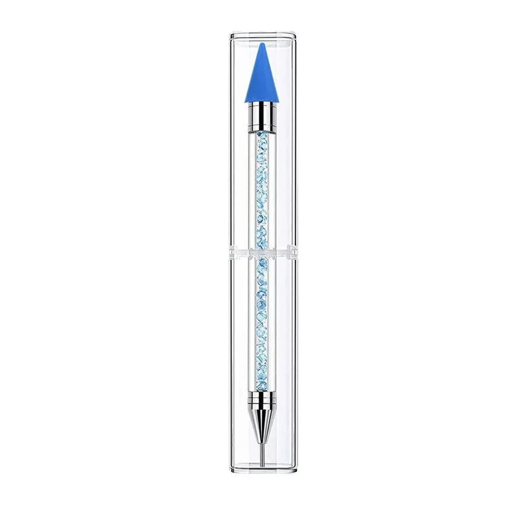Set of 8 dual-ended rhinestone dotting pens with colorful glitter crystal barrels and wax tips in white, orange, pink, green, purple, red, blue, and black for nail art and DIY crafts. - Blue