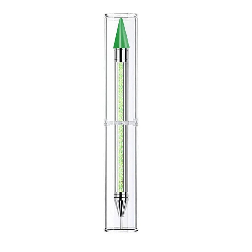 Set of 8 dual-ended rhinestone dotting pens with colorful glitter crystal barrels and wax tips in white, orange, pink, green, purple, red, blue, and black for nail art and DIY crafts. - Green