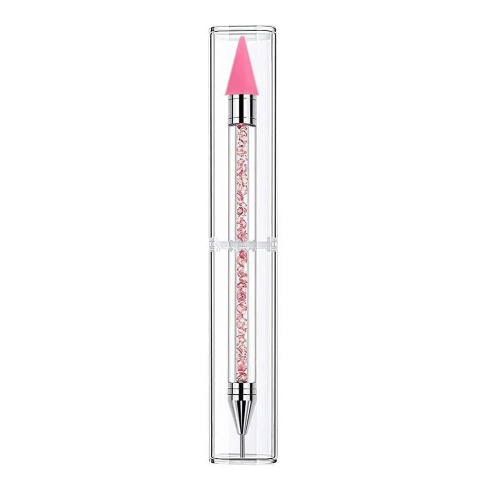 Set of 8 dual-ended rhinestone dotting pens with colorful glitter crystal barrels and wax tips in white, orange, pink, green, purple, red, blue, and black for nail art and DIY crafts. - Pink