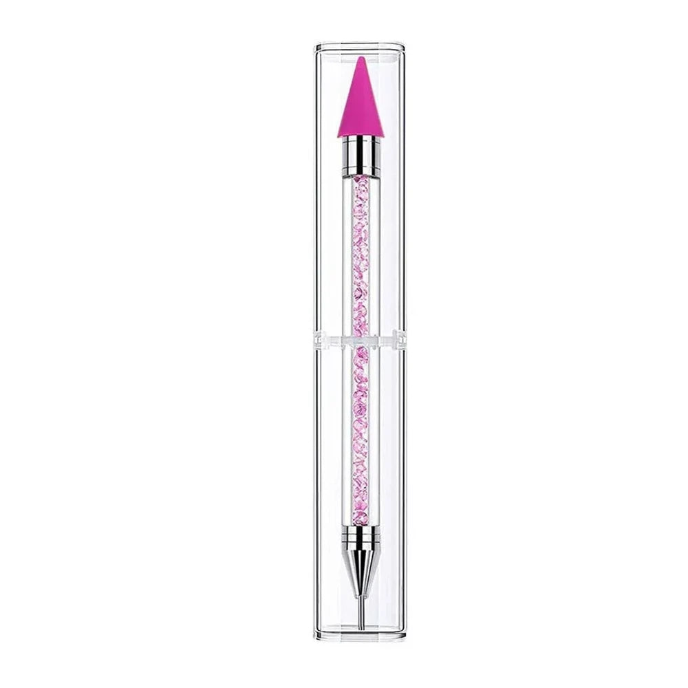 Set of 8 dual-ended rhinestone dotting pens with colorful glitter crystal barrels and wax tips in white, orange, pink, green, purple, red, blue, and black for nail art and DIY crafts. - Purple
