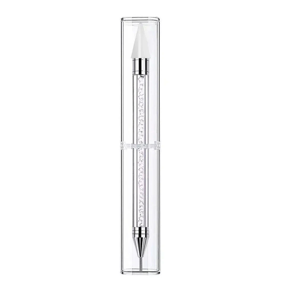 Set of 8 dual-ended rhinestone dotting pens with colorful glitter crystal barrels and wax tips in white, orange, pink, green, purple, red, blue, and black for nail art and DIY crafts. - White