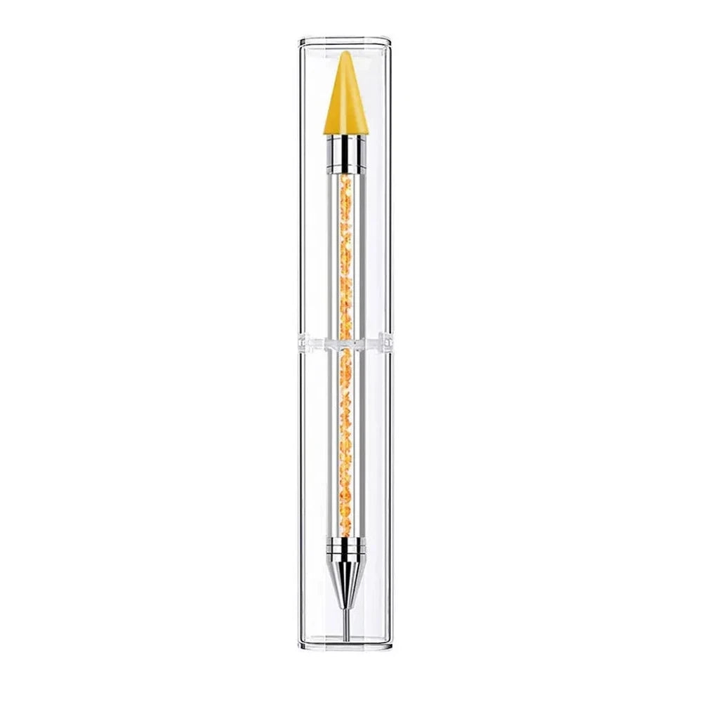 Set of 8 dual-ended rhinestone dotting pens with colorful glitter crystal barrels and wax tips in white, orange, pink, green, purple, red, blue, and black for nail art and DIY crafts. - Yellow