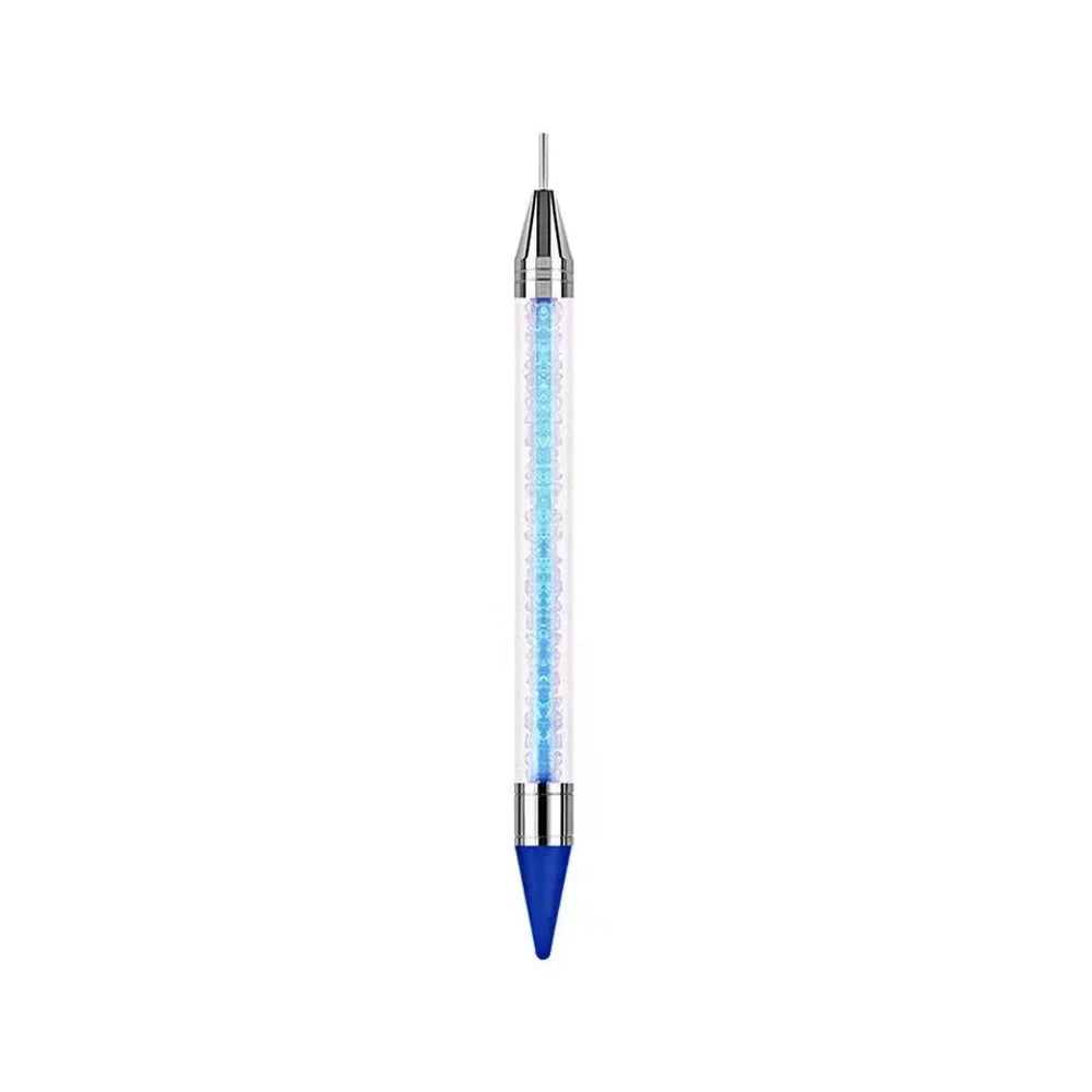 Set of 8 dual-ended rhinestone wax dotting pens with colorful crystal-filled acrylic barrels and metal tips in white, yellow, pink, green, purple, red, blue, and black. - Blue