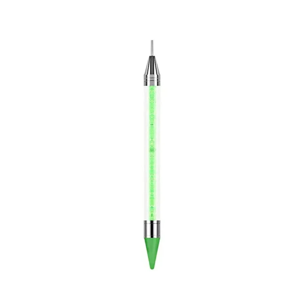 Set of 8 dual-ended rhinestone wax dotting pens with colorful crystal-filled acrylic barrels and metal tips in white, yellow, pink, green, purple, red, blue, and black. - Green