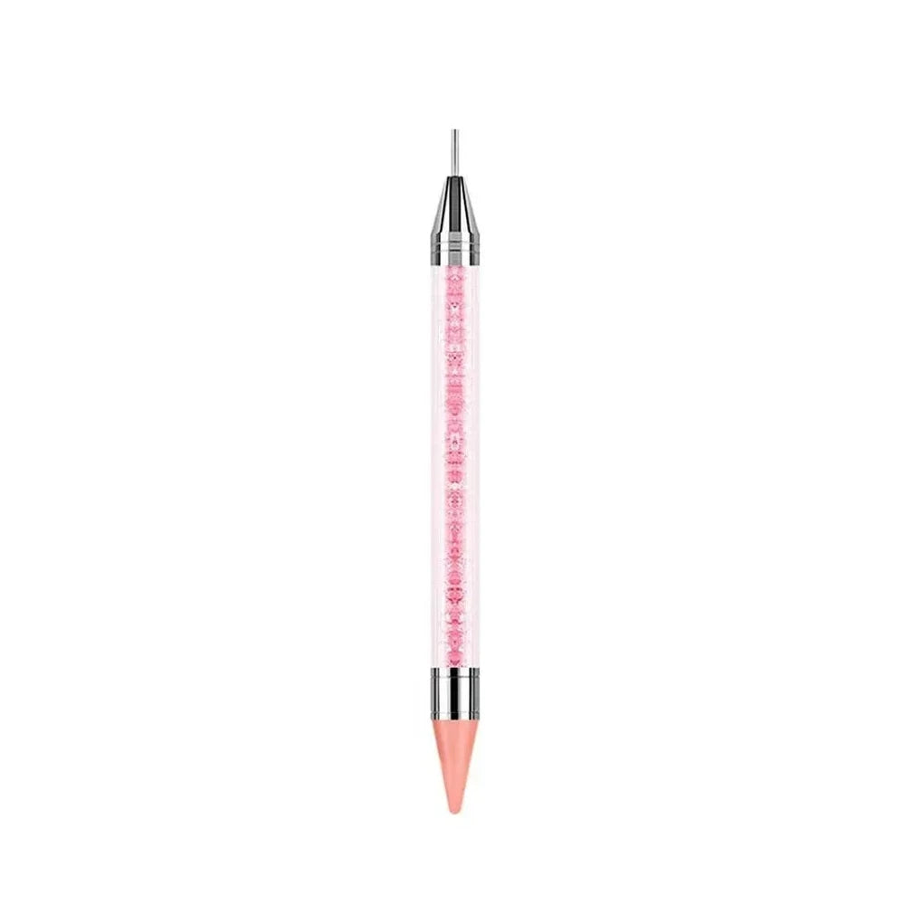 Set of 8 dual-ended rhinestone wax dotting pens with colorful crystal-filled acrylic barrels and metal tips in white, yellow, pink, green, purple, red, blue, and black. - Pink