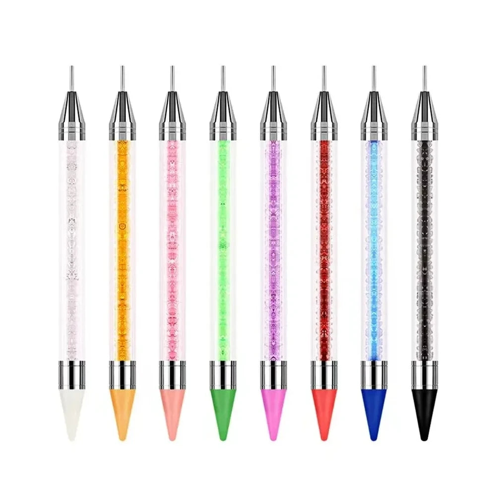 Set of 8 dual-ended rhinestone wax dotting pens with colorful crystal-filled acrylic barrels and metal tips in white, yellow, pink, green, purple, red, blue, and black. - Random Mixed