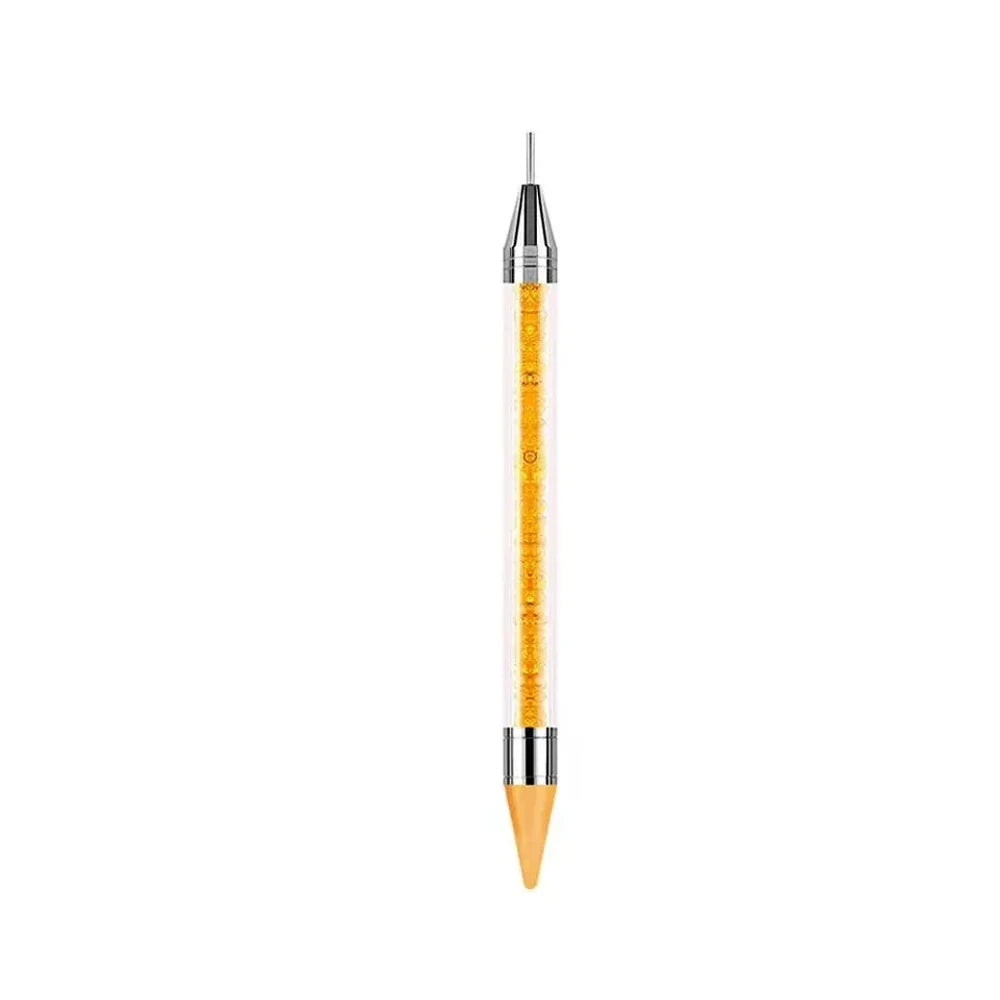 Set of 8 dual-ended rhinestone wax dotting pens with colorful crystal-filled acrylic barrels and metal tips in white, yellow, pink, green, purple, red, blue, and black. - Yellow