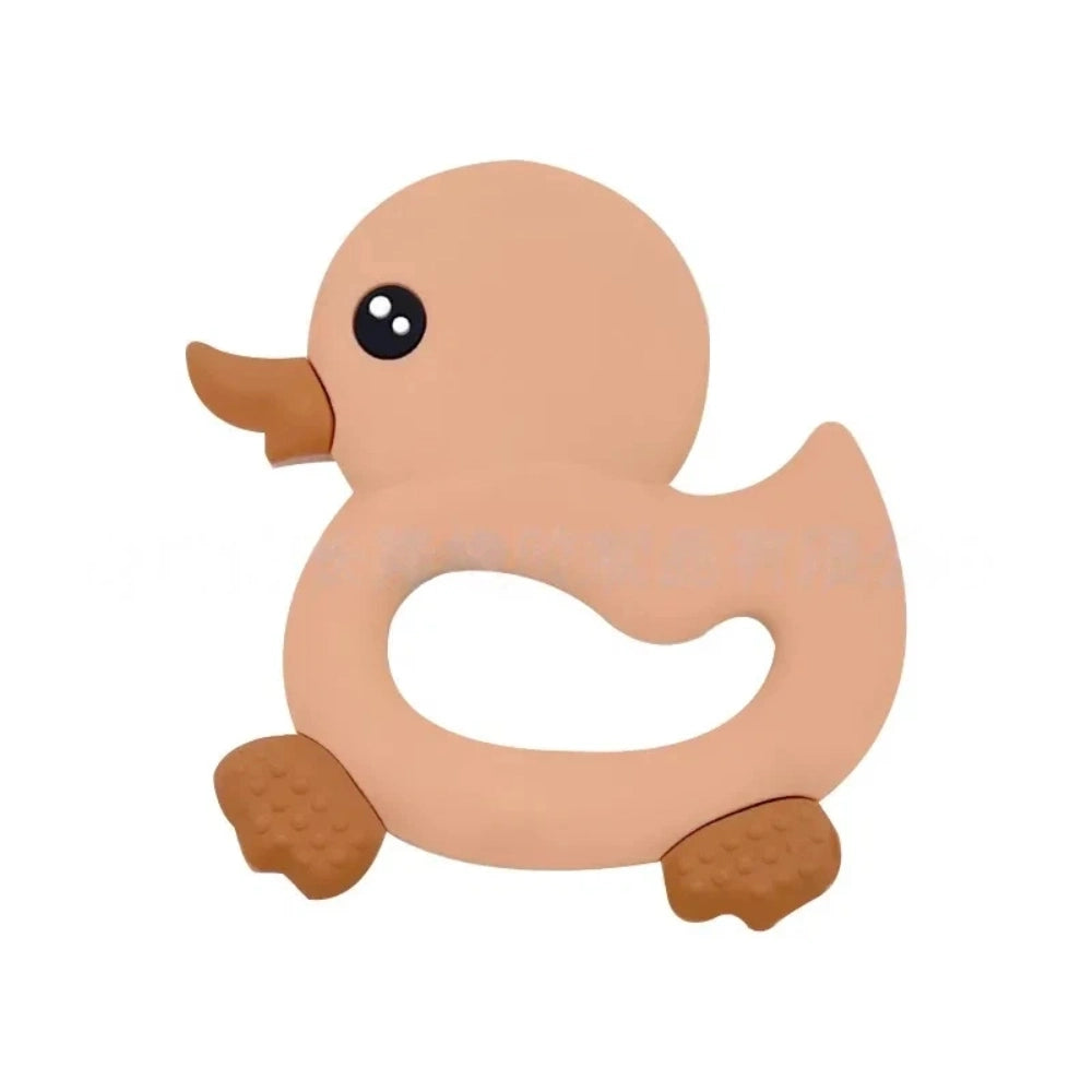 Seven cute duck silicone focal beads in yellow, mustard, cream, blue, peach, lavender, and beige colors arranged on a miniature white wooden bench, perfect for beadable pens and keychains. - 1