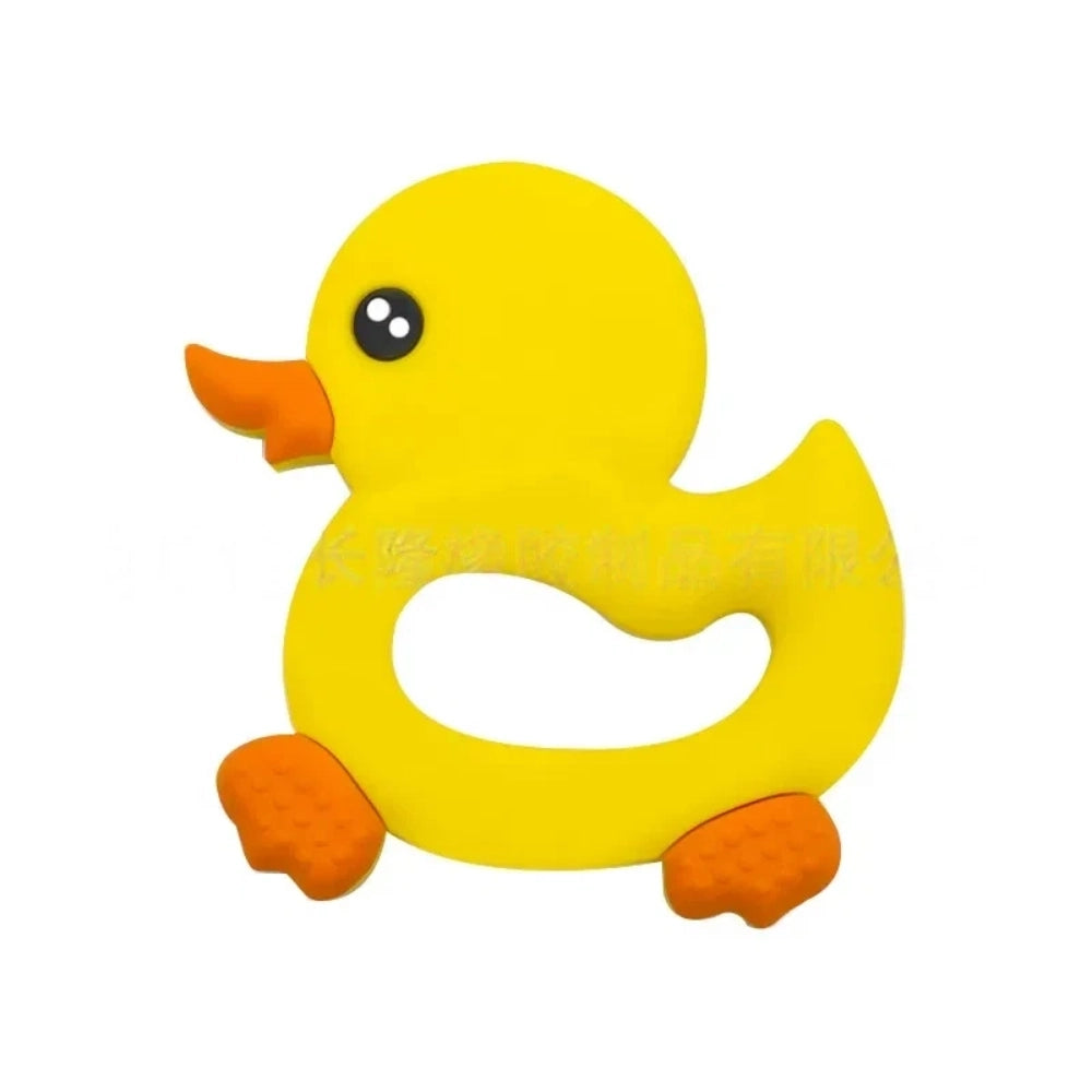 Seven cute duck silicone focal beads in yellow, mustard, cream, blue, peach, lavender, and beige colors arranged on a miniature white wooden bench, perfect for beadable pens and keychains. - 2
