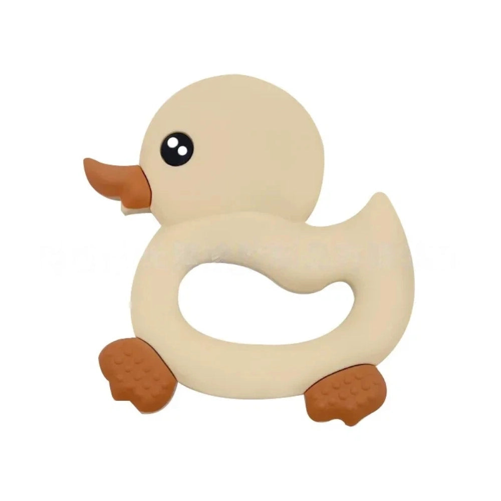 Seven cute duck silicone focal beads in yellow, mustard, cream, blue, peach, lavender, and beige colors arranged on a miniature white wooden bench, perfect for beadable pens and keychains. - 3