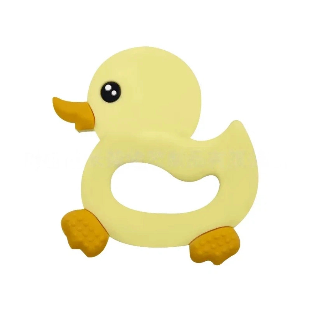 Seven cute duck silicone focal beads in yellow, mustard, cream, blue, peach, lavender, and beige colors arranged on a miniature white wooden bench, perfect for beadable pens and keychains. - 4