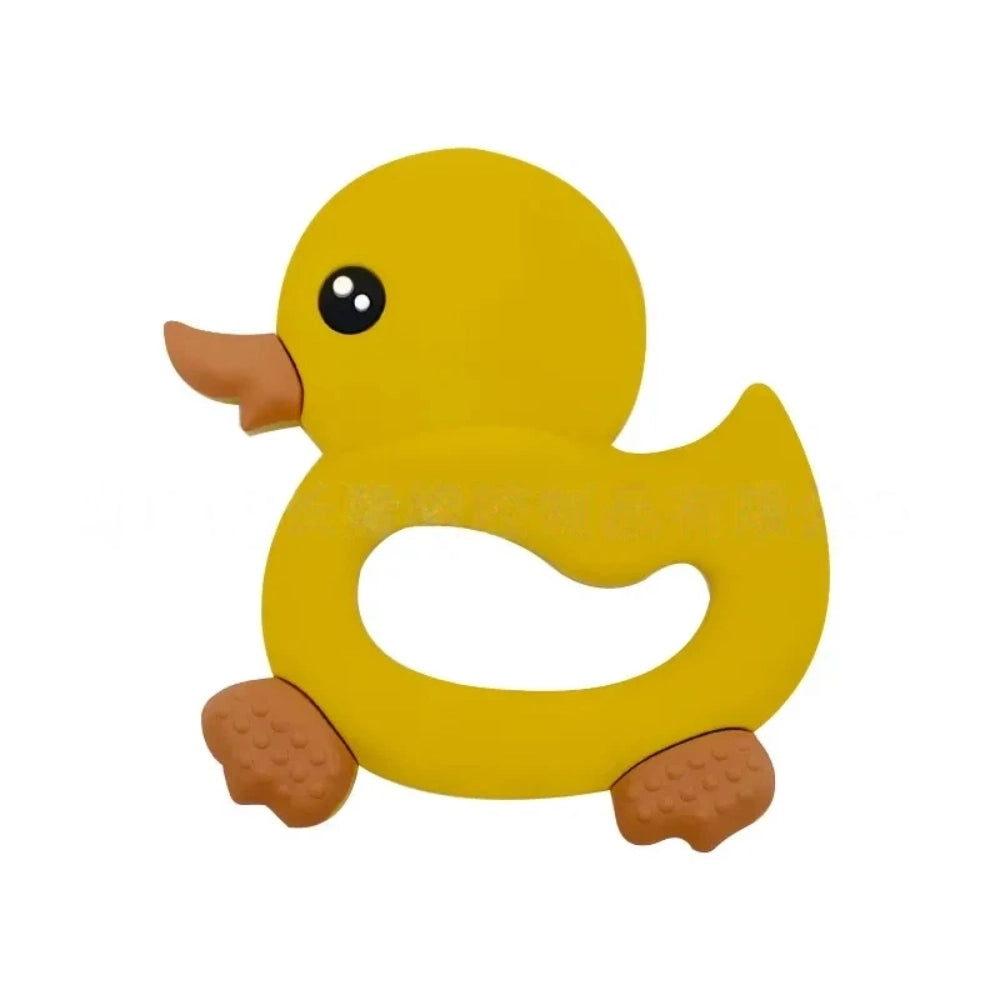 Seven cute duck silicone focal beads in yellow, mustard, cream, blue, peach, lavender, and beige colors arranged on a miniature white wooden bench, perfect for beadable pens and keychains. - 6
