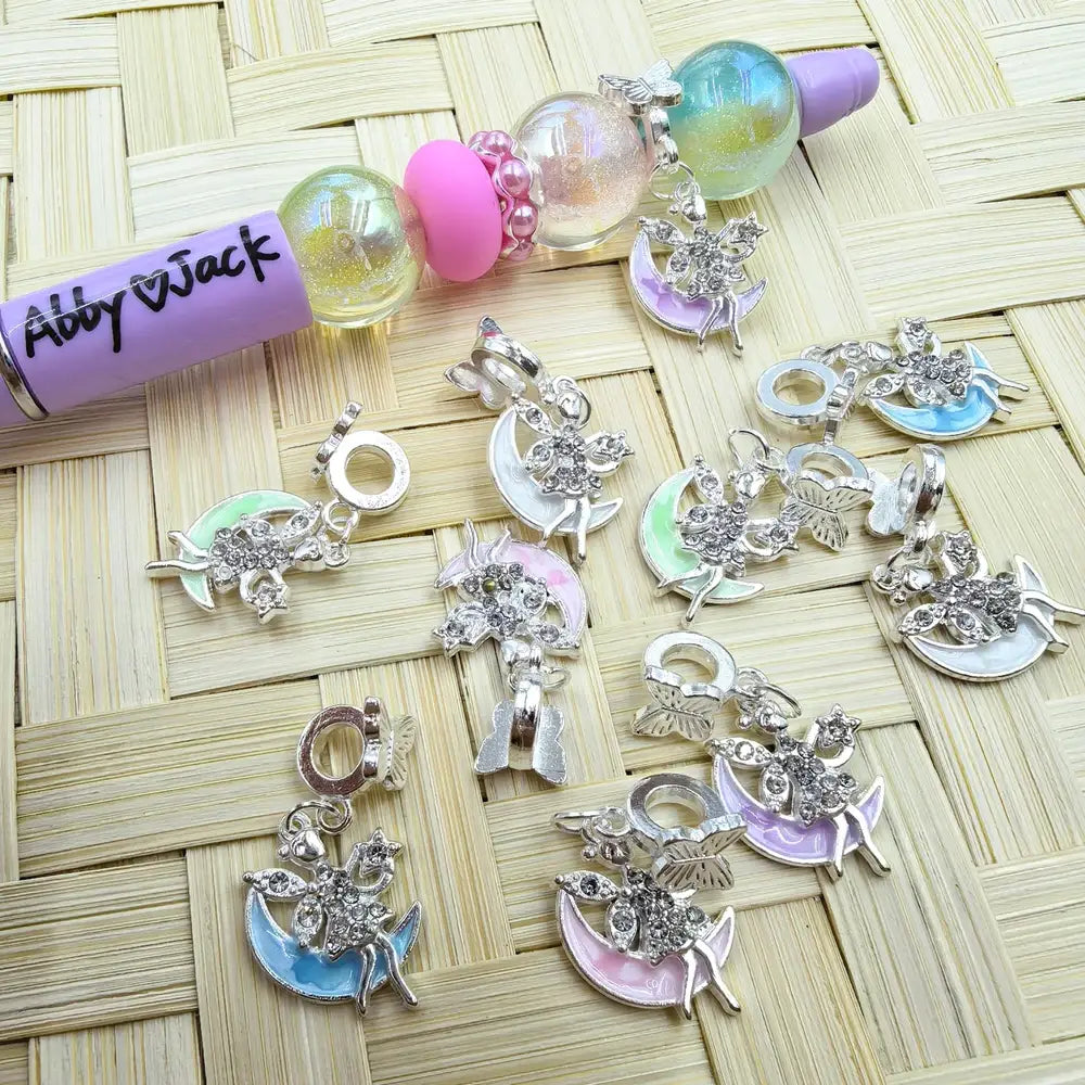 Fairy with Rhinestone Moon Dangle Charm Pendant Butterfly Silver Metal Bail Beads - Random Mix