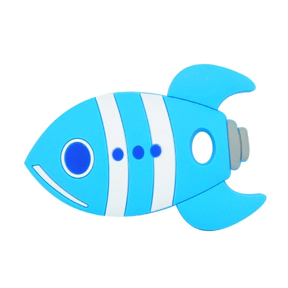 Five colorful fish rocket silicone focal beads in orange, red, green, blue, and gray with white stripe details and blue eye accents, shown on white background. - Blue