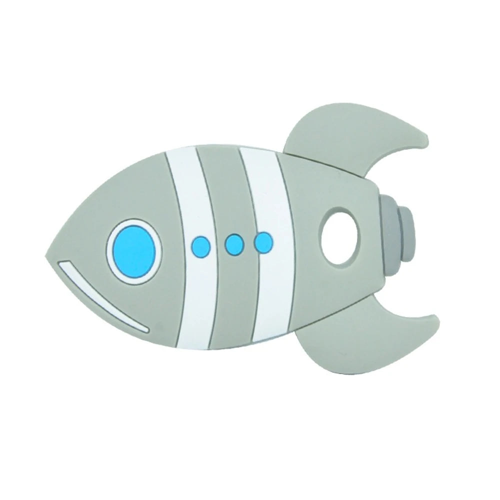 Five colorful fish rocket silicone focal beads in orange, red, green, blue, and gray with white stripe details and blue eye accents, shown on white background. - Gray