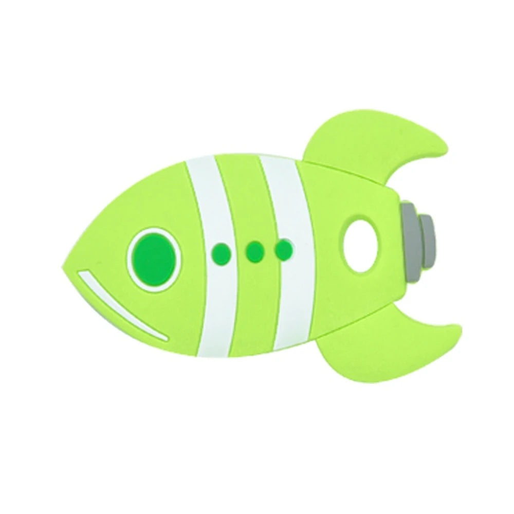 Five colorful fish rocket silicone focal beads in orange, red, green, blue, and gray with white stripe details and blue eye accents, shown on white background. - Green