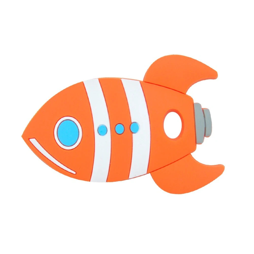 Five colorful fish rocket silicone focal beads in orange, red, green, blue, and gray with white stripe details and blue eye accents, shown on white background. - Orange