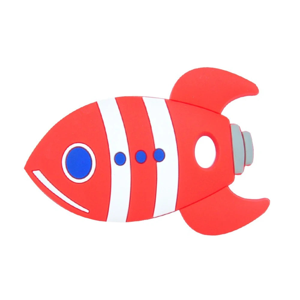 Five colorful fish rocket silicone focal beads in orange, red, green, blue, and gray with white stripe details and blue eye accents, shown on white background. - Red